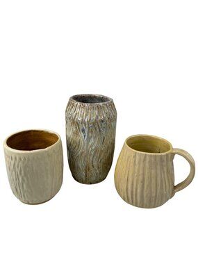 Andrea Art Pottery Handcrafted Ceramic Vase Cups Textured Neutral Glaze Set Of 3